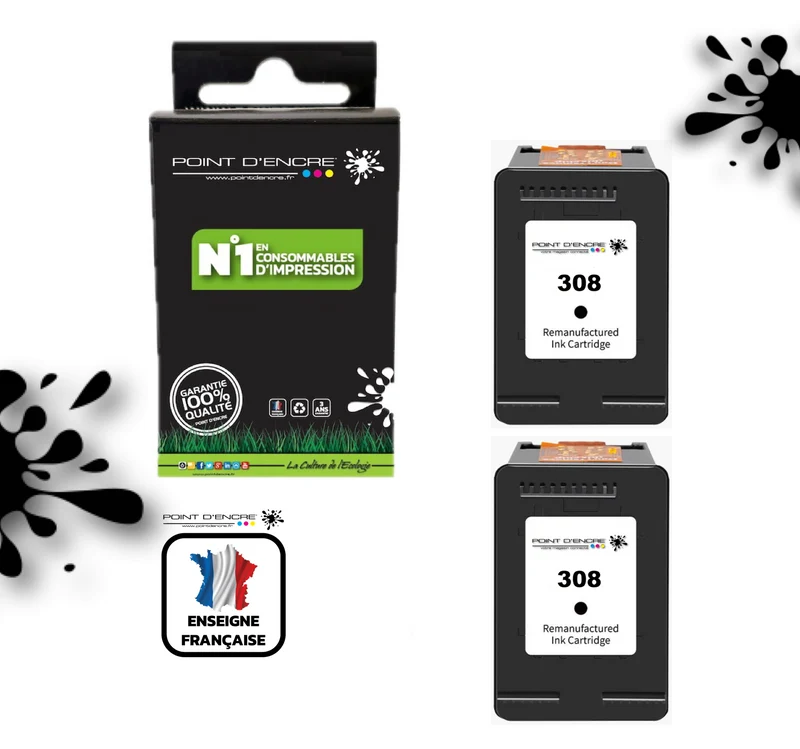 308 - 2 X NOIR - 7FP21UE - Grande capacité de Marque Francaise POINT D'ENCRE - Pour imprimante compatible HP (cehp)