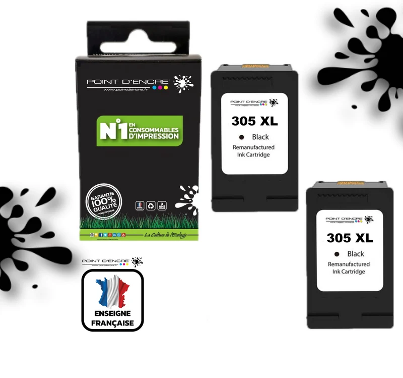 305XL / 305 - 2 X NOIR - Grande capacité de Marque Francaise POINT D'ENCRE - Pour imprimante compatible HP (cehp)