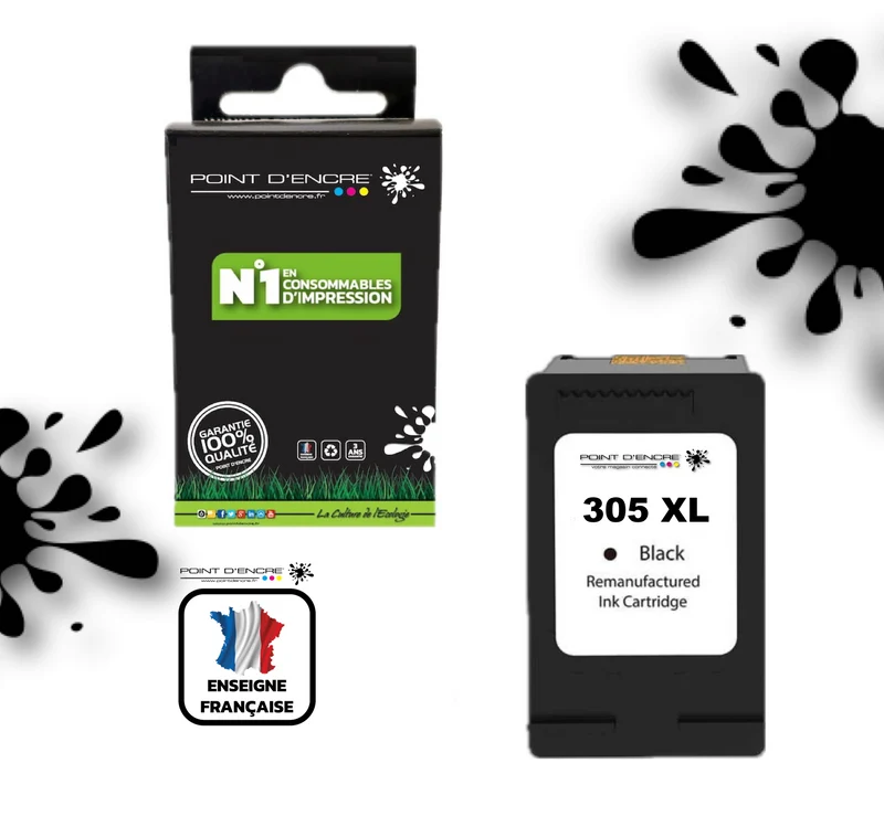 305XL / 305 - NOIR - Grande capacité de Marque Francaise POINT D'ENCRE - Pour imprimante compatible HP (cehp)