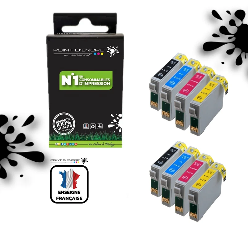 T0715 - Guépard - 2 X Pack de 4 Cartouches D'encre T0711-Noir/ T0712 Cyan/ T0713 Magenta/ T0714 Jaune - Grande capacité de Marque Française POINT D'ENCRE Pour imprimante compatible EPSON (cee)