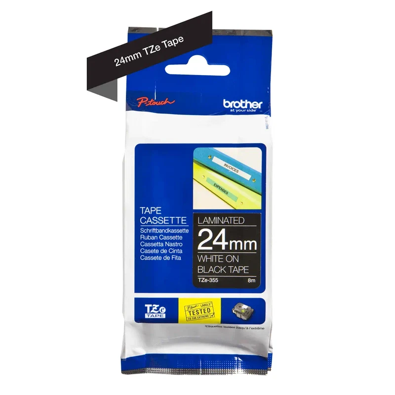 Cassette originale à ruban pour étiqueteuse Brother 24mm blanc sur noir - TZe-355