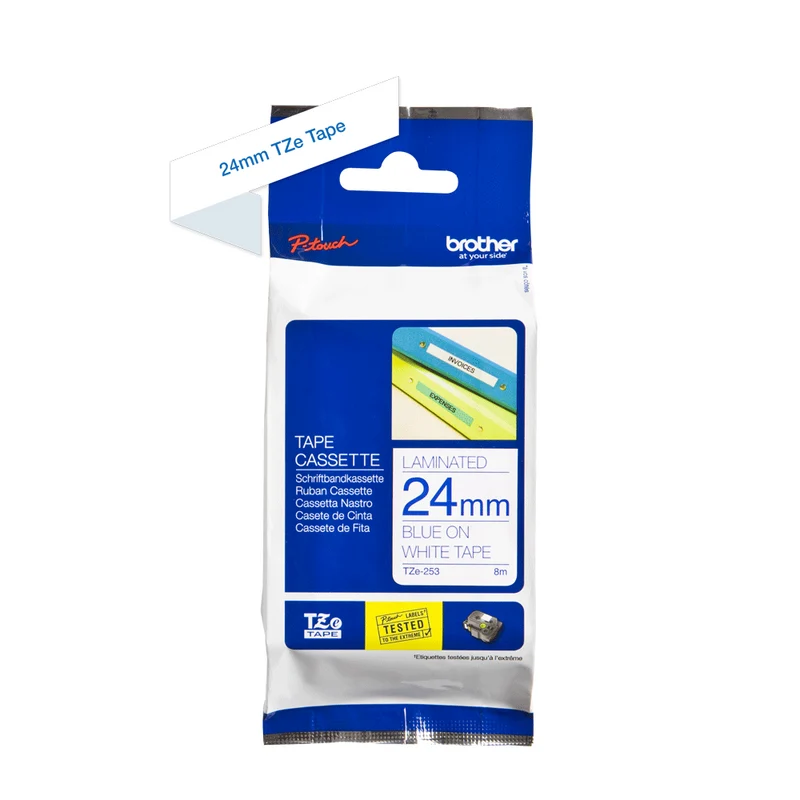 Cassette originale à ruban pour étiqueteuse Brother 24mm bleu sur blanc - TZe-253