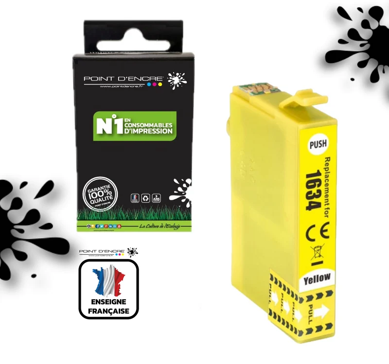 16XL - JAUNE - Stylo Plume - Grande capacité de Marque Francaise POINT D'ENCRE T1631/T1621/T1681/T1632/T1622/T1633/T1623 Pour imprimante compatible EPSON (cee)