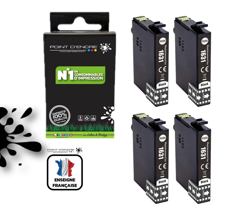 16XL - 4 X NOIR - Stylo Plume - Grande capacité de Marque Francaise POINT D'ENCRE T1631/T1621/T1681/T1632/T1622/T1633/T1623 Pour imprimante compatible EPSON (cee)