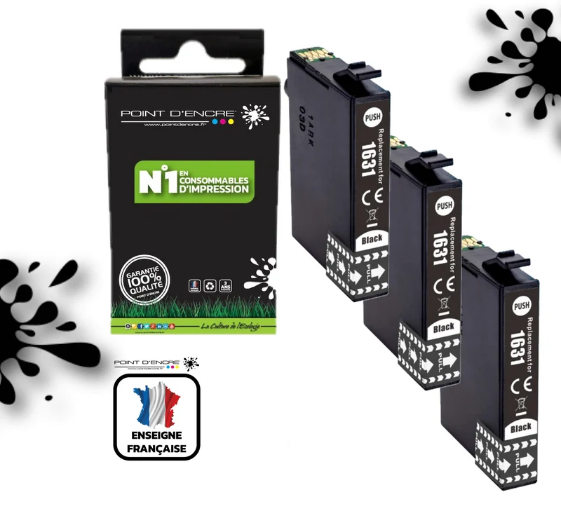16XL - 3 X NOIR - Stylo Plume - Grande capacité de Marque Francaise POINT D'ENCRE T1631/T1621/T1681/T1632/T1622/T1633/T1623 Pour imprimante compatible EPSON (cee)
