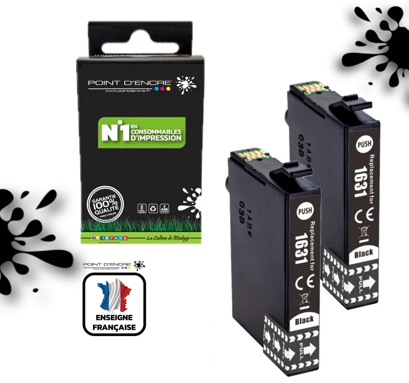 16XL - 2 X NOIR - Stylo Plume - Grande capacité de Marque Francaise POINT D'ENCRE T1631/T1621/T1681/T1632/T1622/T1633/T1623 Pour imprimante compatible EPSON (cee)