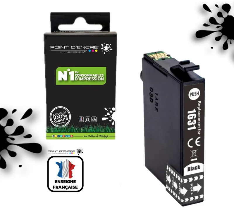 16XL - NOIR - Stylo Plume - Grande capacité de Marque Francaise POINT D'ENCRE T1631/T1621/T1681/T1632/T1622/T1633/T1623 Pour imprimante compatible EPSON (cee)