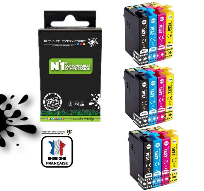 16XL - Stylo Plume - 3 X Pack de 4 Cartouches D'encre Noir/Cyan/Magenta/ Jaune - Grande capacité de Marque Francaise POINT D'ENCRE T1631/T1621/T1681/T1632/T1622/T1633/T1623 Pour imprimante compatible EPSON (cee)