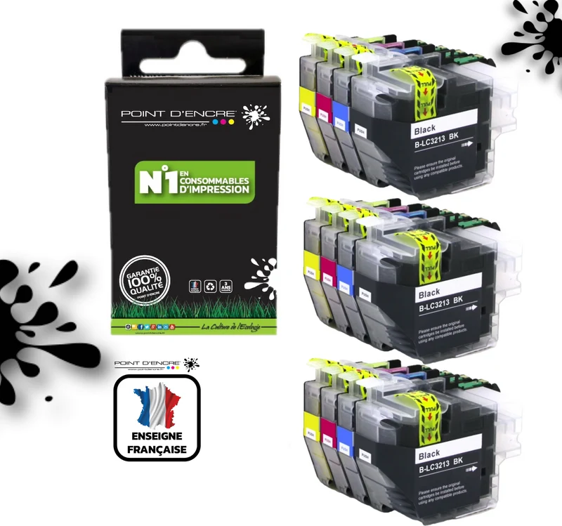 LC3213/LC3211XL - 3 X Pack de 4 Cartouches D'encre Noir/Cyan/Magenta/ Jaune - Grande capacité de Marque Française POINT D'ENCRE Pour imprimante compatible BROTHER (ceb)