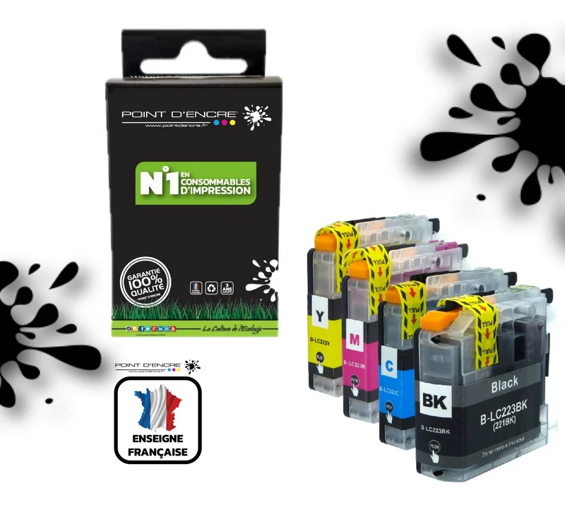 LC223XL/LC221XL - Pack de 4 Cartouches D'encre Noir/Cyan/Magenta/ Jaune - Grande capacité de Marque Française POINT D'ENCRE Pour imprimante compatible BROTHER (ceb)