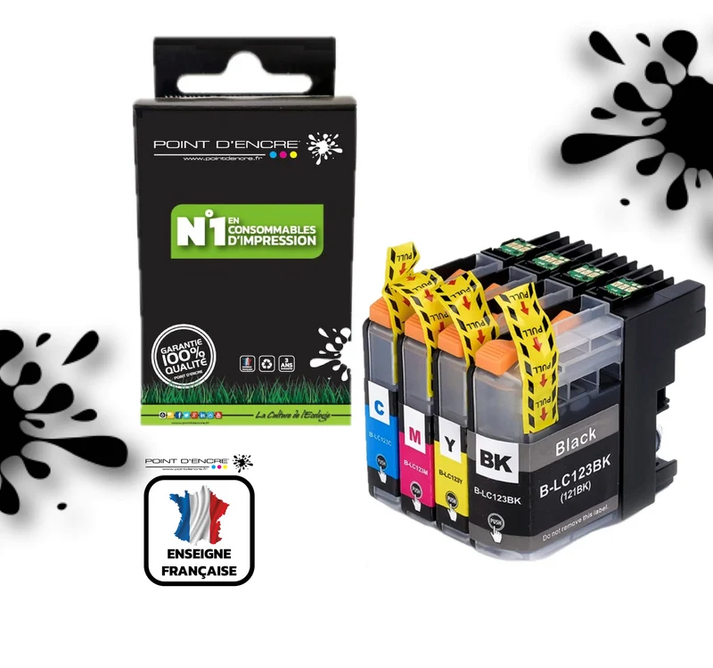 LC123XL/LC121XL - Pack de 4 Cartouches D'encre Noir/Cyan/Magenta/ Jaune - Grande capacité de Marque Francaise POINT D'ENCRE Pour imprimante compatible BROTHER (ceb)