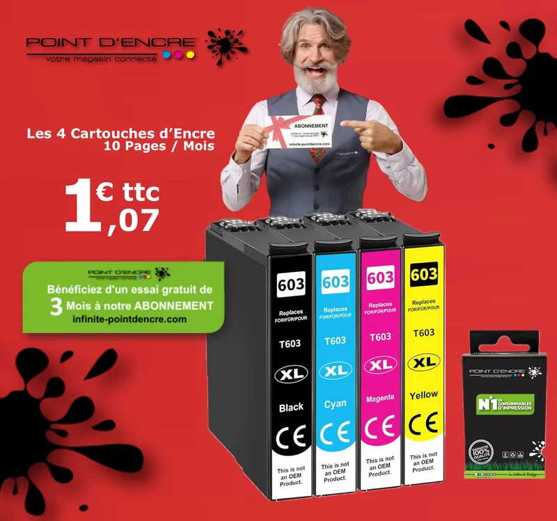 603XL - Etoile de mer - Abonnement - Pack de 4 Cartouches D'encre Noir/Cyan/Magenta/ Jaune - Grande capacité de Marque Française POINT D'ENCRE Pour imprimante compatible EPSON (cee)