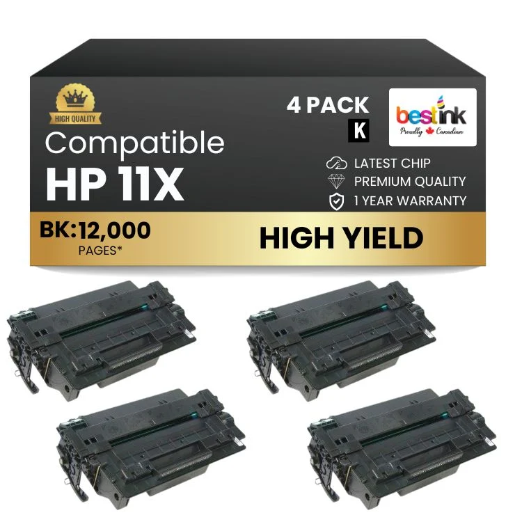 Compatible HP 11X Q6511X Black Toner Cartridge (4 Pack)