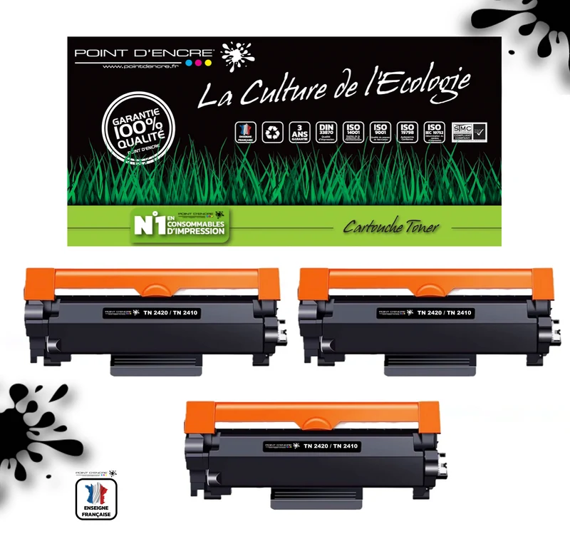 TN2420 / TN2410 Pack de 3 x cartouches d'encre Toner- Noir - Grande capacité Marque Francaise POINT D'ENCRE pour Imprimantes compatibles Brother (clp)