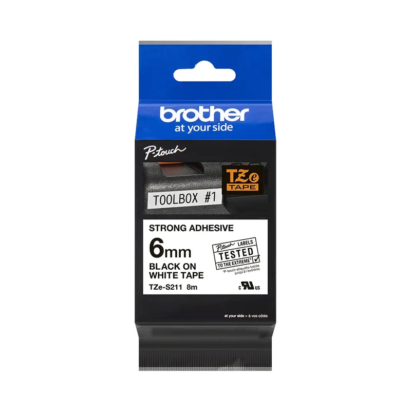 Cassette originale à ruban pour étiqueteuse Brother 6mm noir sur blanc - TZe-S211