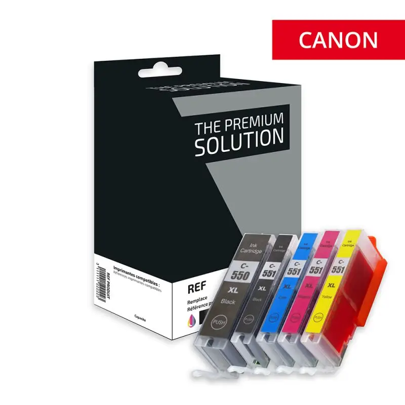 Canon 550XL/551XL Cartouche Pack 5 Couleurs compatible équivalent à PGI550PGBKXL, CLI551XL