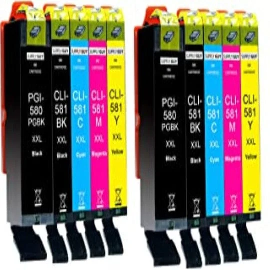 Pack 10 Cartouches Canon PGI-580 XXL Noir Cyan Magenta Jaune — Pixma TR7550, TS6150