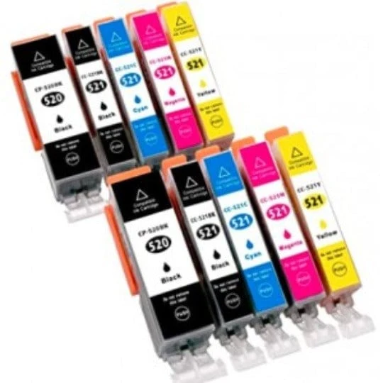 Pack 10 Cartouches Canon PGI-520 CLI-521 Noir Cyan Magenta Jaune — PIXMA iP3600, MP640